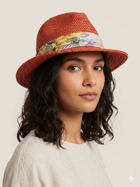 Hinge Orange 100% Straw Fedora with Floral Scarf Band